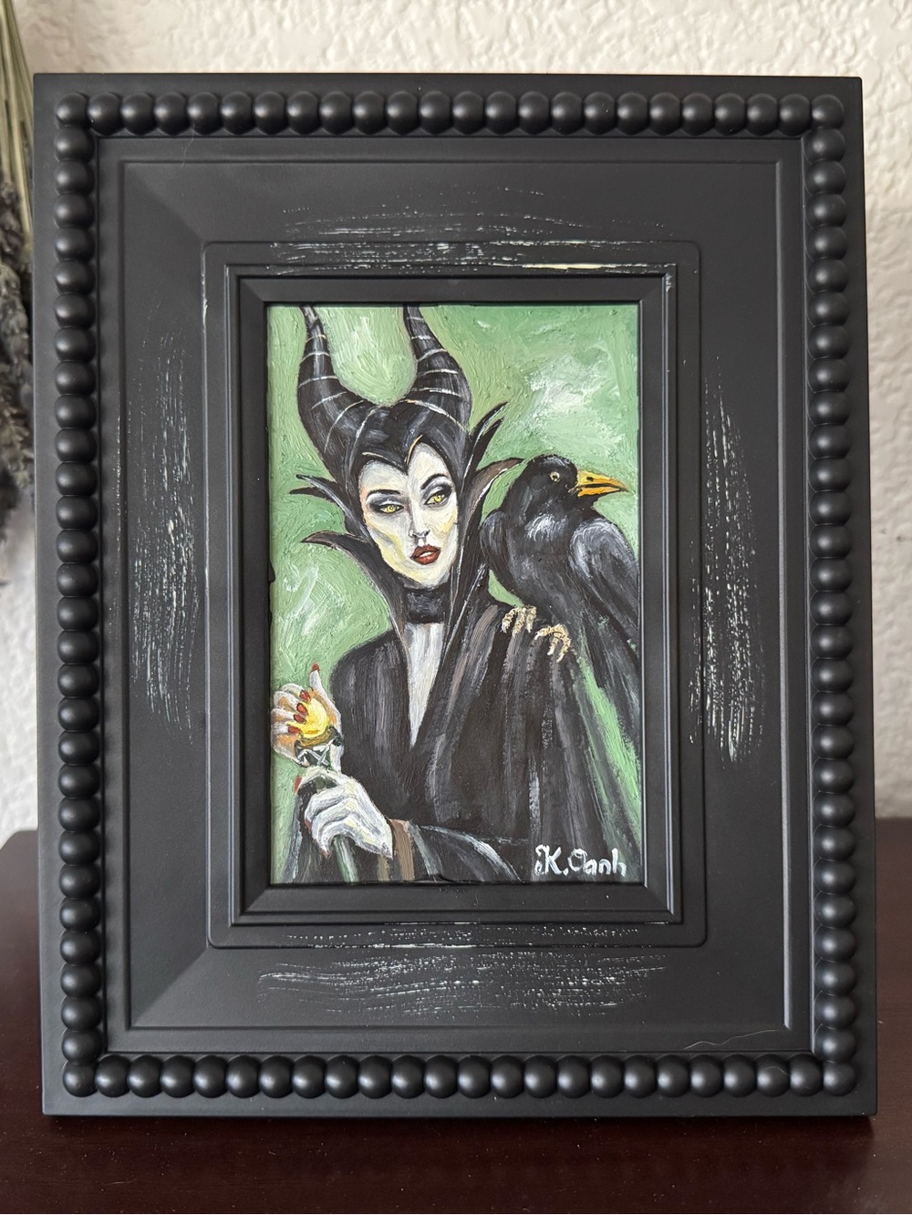 Original oil painting witch & crow Halloween autumn signed framed 4x6